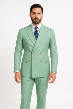Mens Sage Green Double-Breasted Suits with Gold Button – Formal Slim Fit 2-Piece Pistachio Color