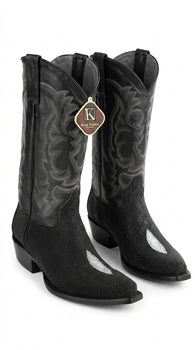 Men’s King Exotic Black Stingray Snip Toe Boots, Single Stone Handmade Western Dress Boots
