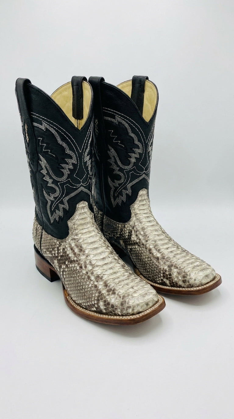 Men’s Natural Python Square Toe Boots, Exotic Western Cowboy Dress Boots