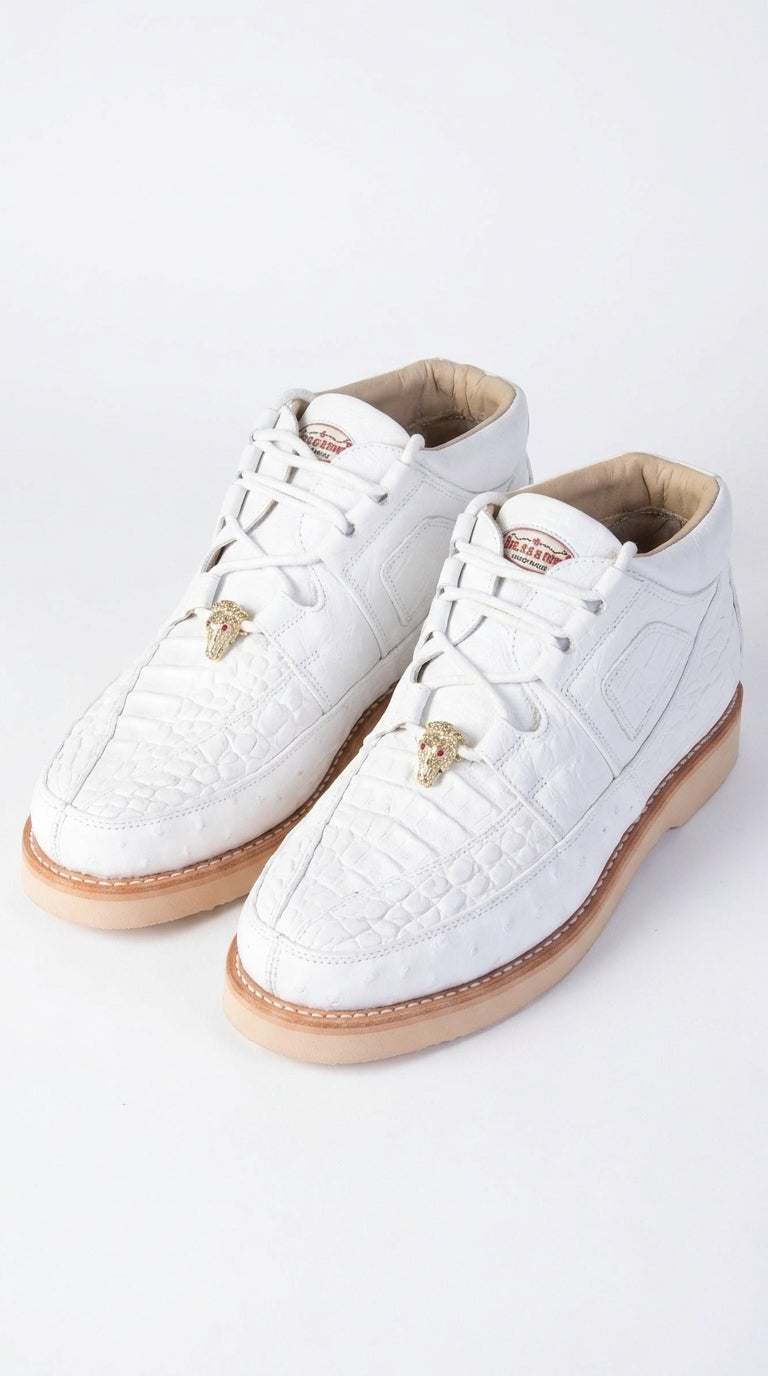 Los Altos Men’s White Caiman and Ostrich Skin Casual Sneakers, Exotic Leather Lace Up Shoes