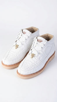 Los Altos Men’s White Caiman and Ostrich Skin Casual Sneakers, Exotic Leather Lace Up Shoes