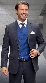 Sapphire Plaid - Vested Suits - Statement Brand - Vested Suits Wool Suits - Suits With Double Breasted Vest - Windowpane Pattern - 100% Percent Wool Fabric Suit - Worsted Wool Business Suit