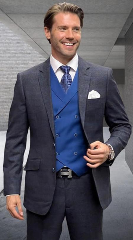 Sapphire Plaid - Vested Suits - Statement Brand - Vested Suits Wool Suits - Suits With Double Breasted Vest - Windowpane Pattern - 100% Percent Wool Fabric Suit - Worsted Wool Business Suit