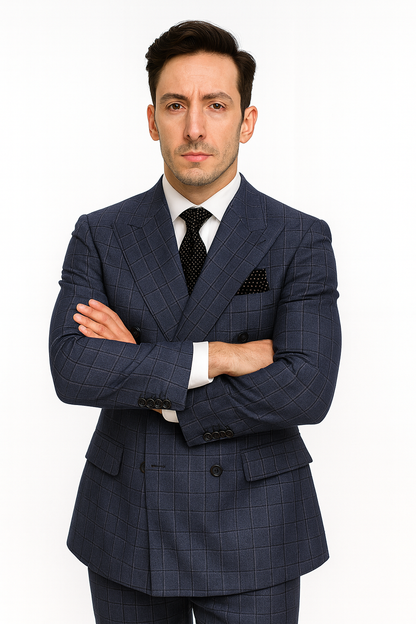 Mens Italian Wool Suit Color Sapphire - Men's Designer Classic Fit Double Breasted Wool Sapphire Blue Suit - Image 6