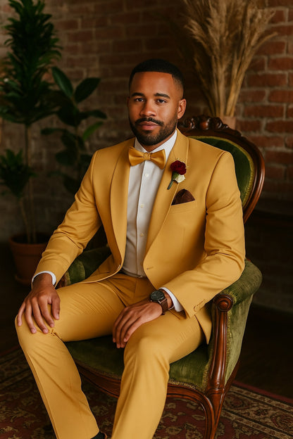 Light Gold Tuxedo Suit for Men – Elegant Two-Piece Wedding and Prom Suit with Satin Shawl Lapel - Mustard Color - Image 4