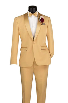 Light Gold Tuxedo Suit for Men – Elegant Two-Piece Wedding and Prom Suit with Satin Shawl Lapel - Mustard Color - Image 3