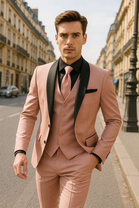 Men's Light Pink 3-Piece Tuxedo Suit with Black Satin Shawl Lapel – Formal Wear - Ultra Slim Fitted in Blush color