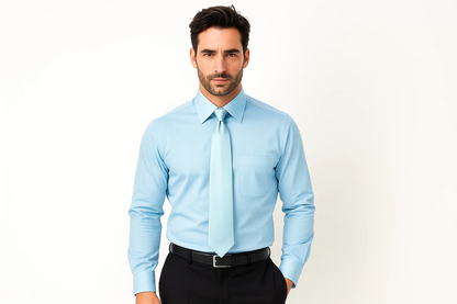 Fashion Cheap Priced Sale Satin Light Blue ~ Sky Blue Dress Shirt Combinations Set Tie Hanky Men's Dress Shirt - Image 2