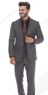 "Grey & White Windowpane Plaid Men's Slim Fit Two Button Vested Suit"