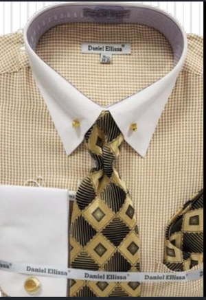 Beige Pin Collar Dress Shirt With Collar Bar