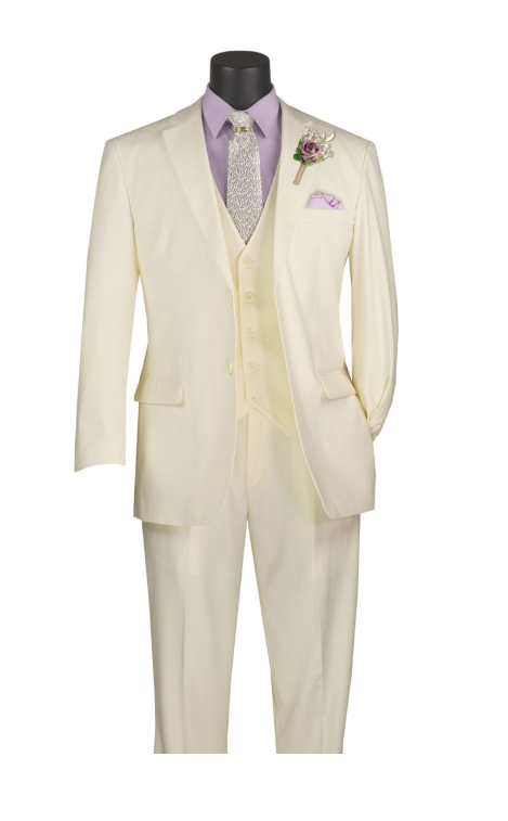Mens Classic Fit Flat Front Vested Suit in Ivory