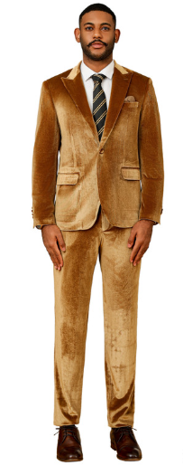 Mens Golden Brown Velvet 2-Piece Suit – Luxury Slim Fit Formal Blazer and Pants Set in Rust Copper Color