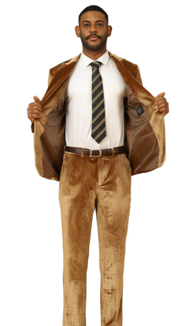 Mens Golden Brown Velvet 2-Piece Suit – Luxury Slim Fit Formal Blazer and Pants Set in Rust Copper Color