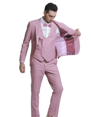 Men’s Mauve Rose Gold Light Pink 3 Piece Wedding Suit, Formal Vested Groom Prom Suit Set
