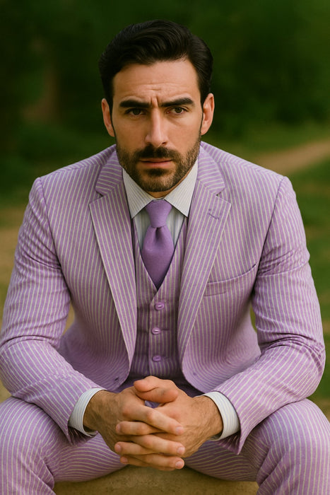 Sear Sucker Suit Mens 3pc 100% Cotton Seersucker Sear sucker suits Lavender & Pink - High End Suits - High Quality Suits