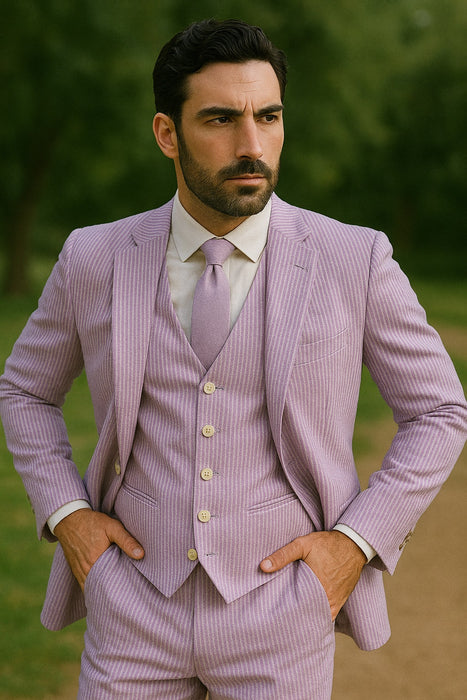 Sear Sucker Suit Mens 3pc 100% Cotton Seersucker Sear sucker suits Lavender & Pink - High End Suits - High Quality Suits