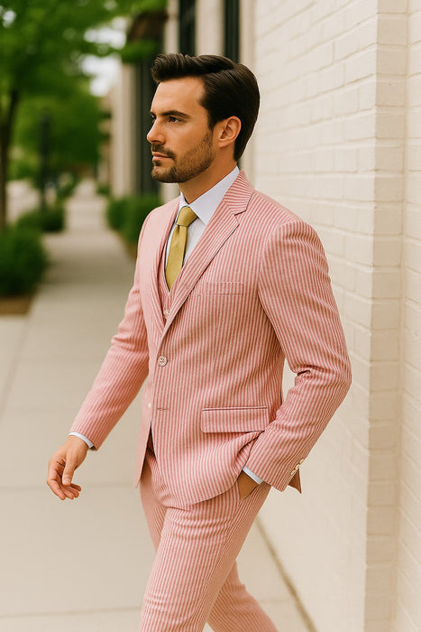 Sear Sucker Suit Mens 3pc 100% Cotton Seersucker Sear sucker suits Lavender & Pink - High End Suits - High Quality Suits