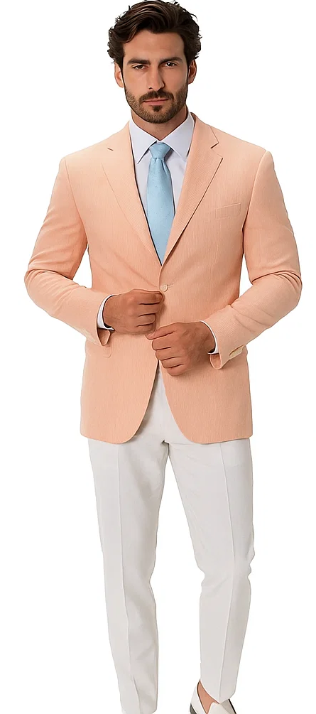 Alberto Nardoni Brand Cheap Priced Designer Fashion Dress Casual Blazer On Sale Striped Seersucker ~ Sear Sucker Orange Blazer - Image 2