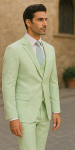 Sear Sucker Suit Mens 3pc 100% Cotton Seersucker Sear sucker suit Yellow & Green Striped - High End Suits - High Quality Suits