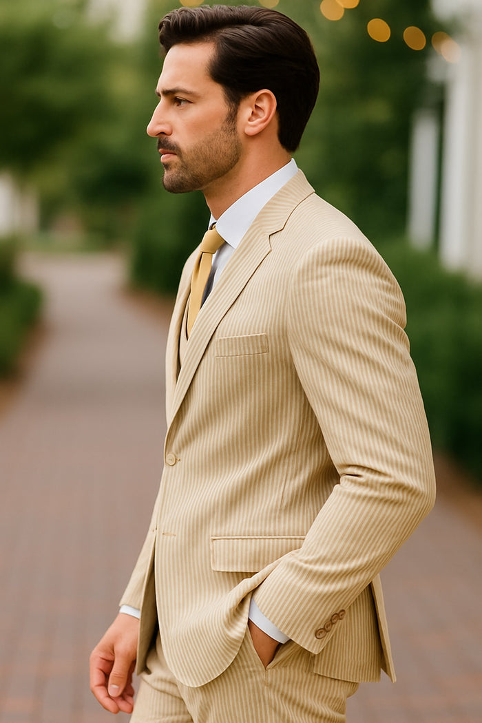 Sear Sucker Suit Mens 3pc 100% Cotton Seersucker Sear sucker suits Tan - High End Suits - High Quality Suits Modern Fit
