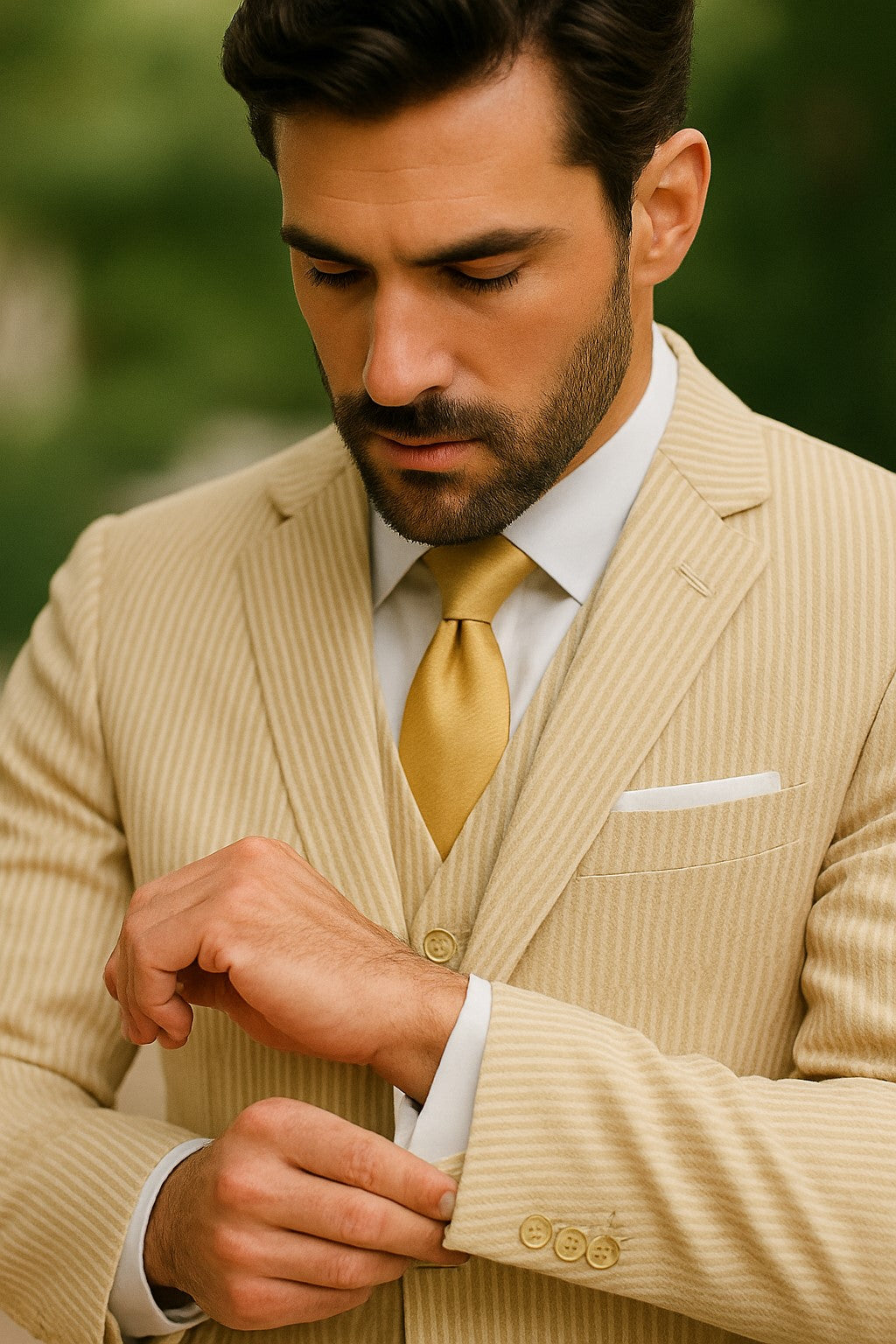 Sear Sucker Suit Mens 3pc 100% Cotton Seersucker Sear sucker suits Tan - High End Suits - High Quality Suits Modern Fit
