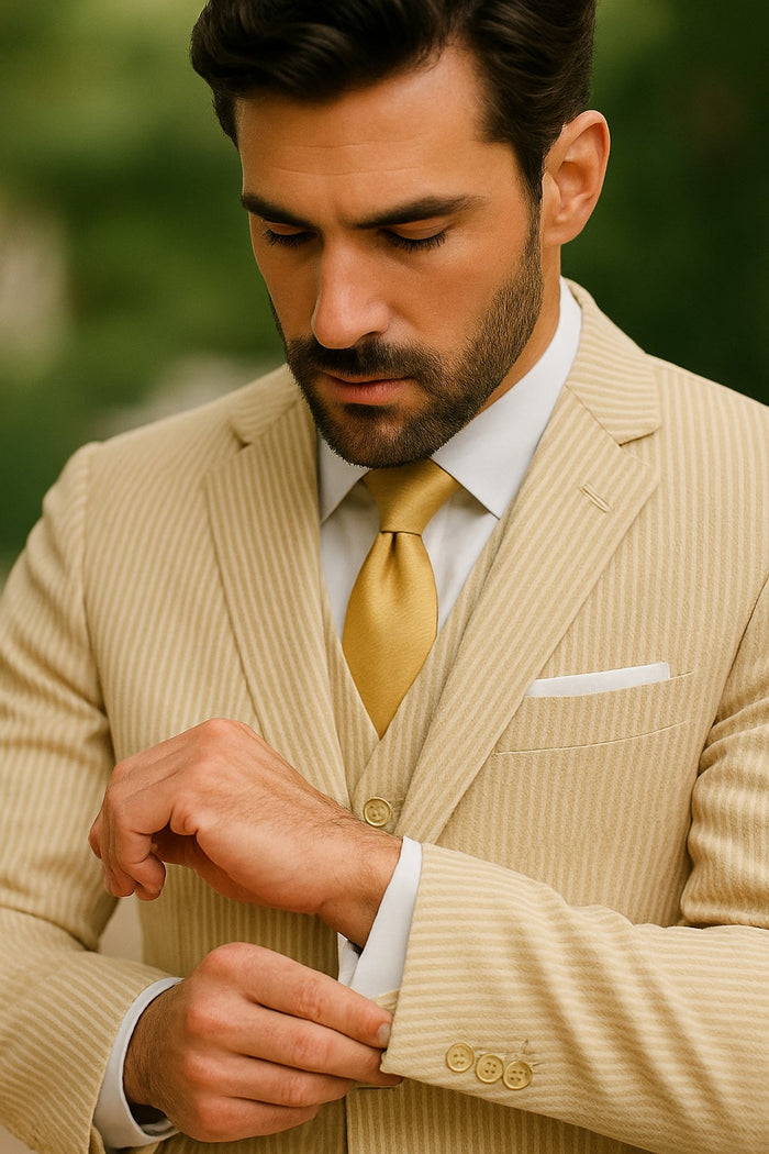 Sear Sucker Suit Mens 3pc 100% Cotton Seersucker Sear sucker suits Tan - High End Suits - High Quality Suits Modern Fit