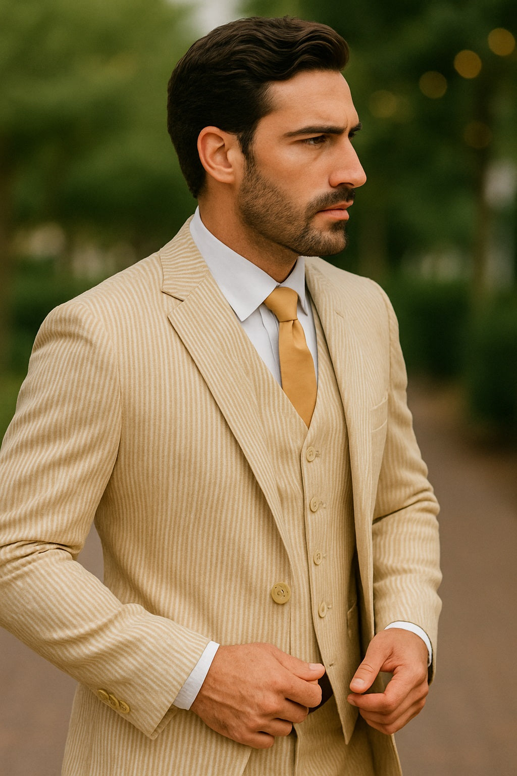 Sear Sucker Suit Mens 3pc 100% Cotton Seersucker Sear sucker suits Tan - High End Suits - High Quality Suits Modern Fit