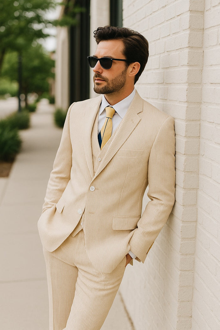 Sear Sucker Suit Mens 3pc 100% Cotton Seersucker Sear sucker suits Taupe - High End Suits - High Quality Suits Modern Fit