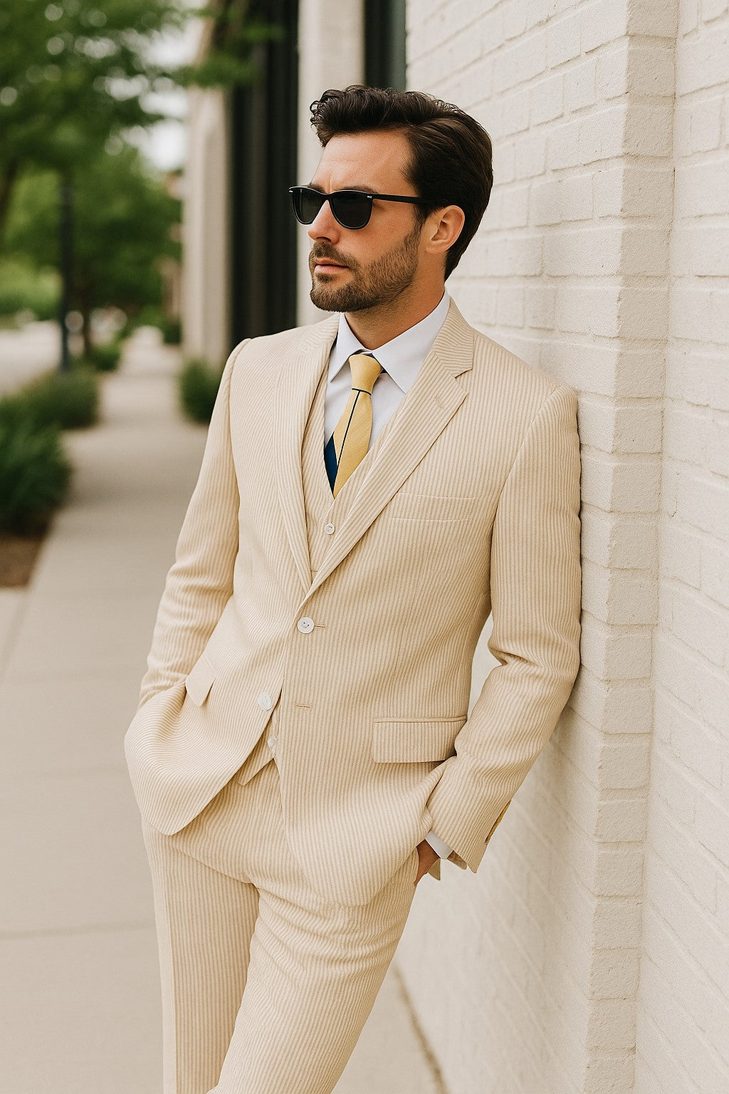 Sear Sucker Suit Mens 3pc 100% Cotton Seersucker Sear sucker suits Tan - High End Suits - High Quality Suits