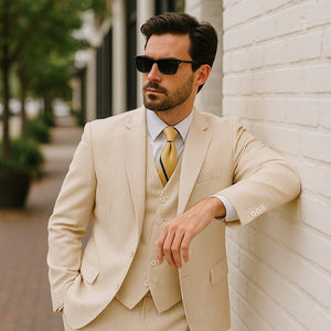 Sear Sucker Suit Mens 3pc 100% Cotton Seersucker Sear sucker suits Taupe - High End Suits - High Quality Suits