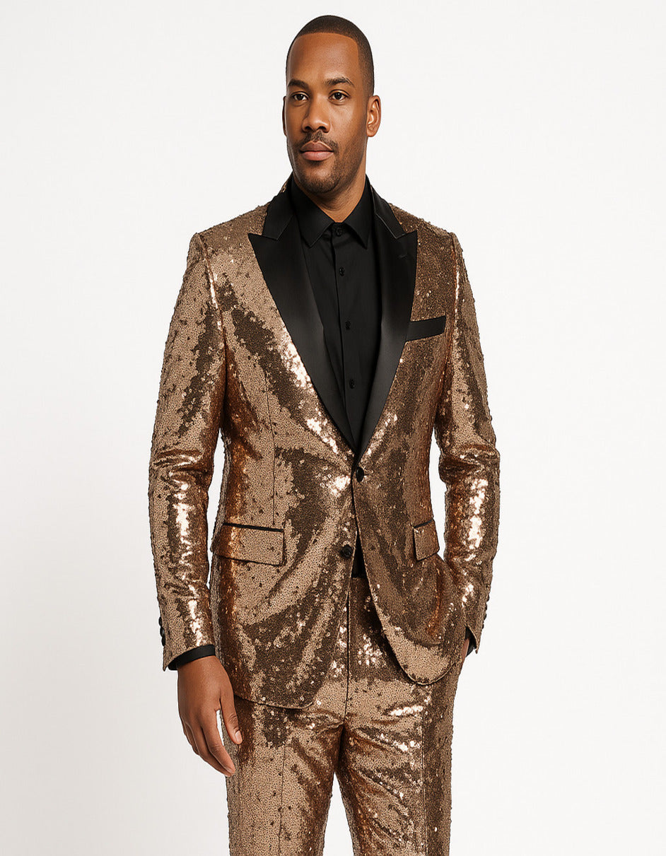 Men's Rose Gold Sequin Tuxedo Suit with Black Satin Lapel – Luxury Slim Fit Blazer for Parties and Events - Image 4