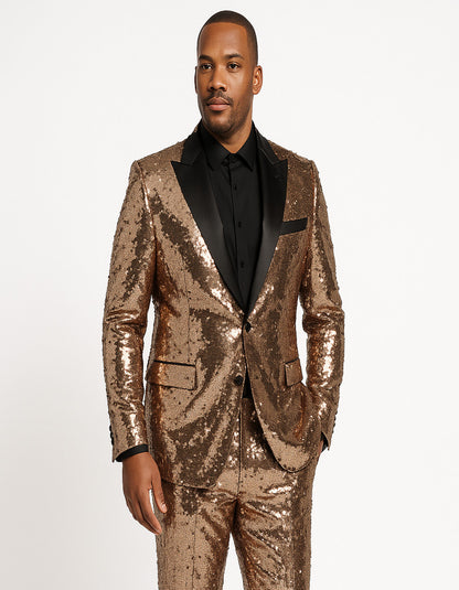 Men's Rose Gold Sequin Tuxedo Suit with Black Satin Lapel – Luxury Slim Fit Blazer for Parties and Events - Image 4