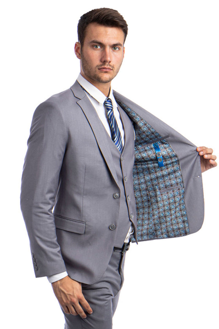Graduation Suit - Men's Two Button Slim Fit Vested Solid Basic Color Suit in Grey