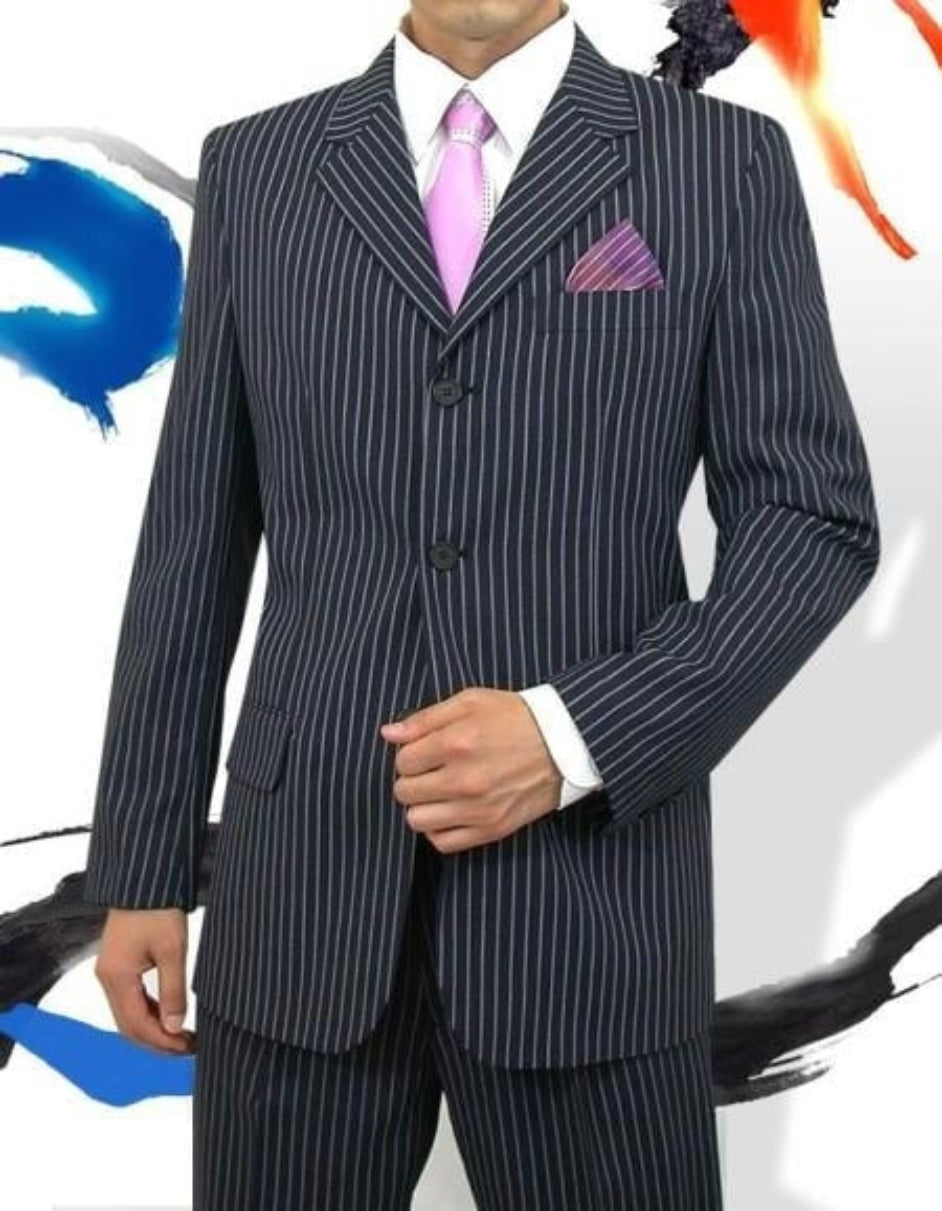 Sharp Cheap Priced Men'S Dress Suit For Sale 3 Buttons Style Dark Navy Pinstripe Light Weight On Sale Dark Blue Suit