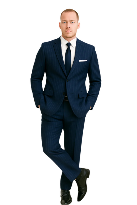Dark Navy Wide Pinstripe 2 Button Men's Suit - Dark Blue Suit