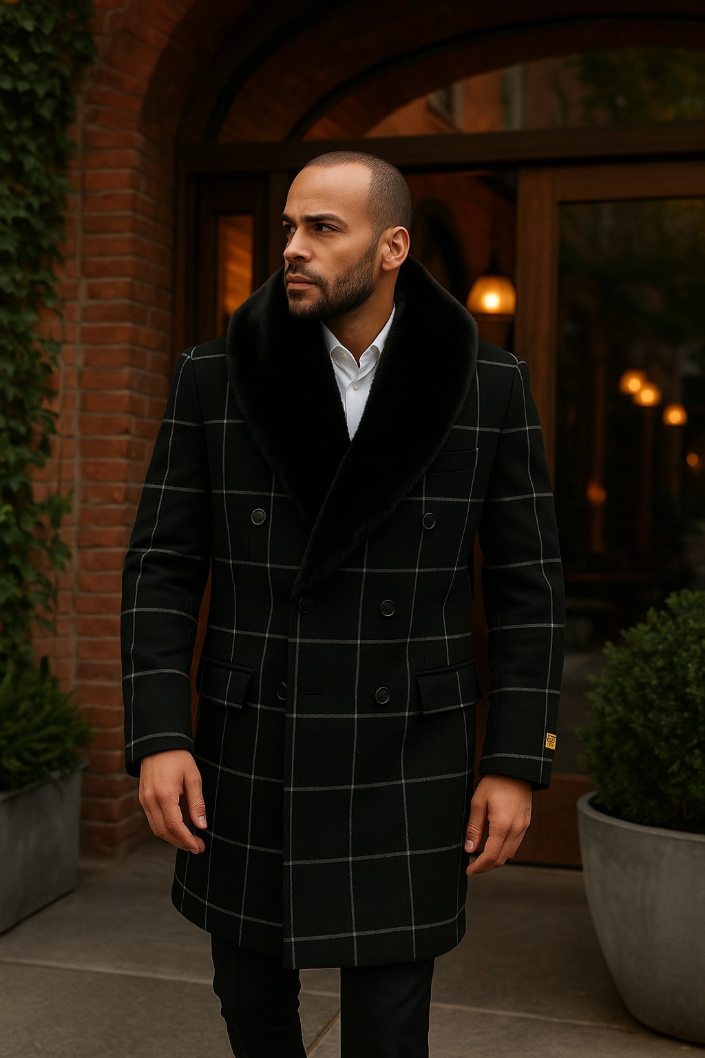 Mens Black Windowpane Wool Overcoat with Faux Fur Shawl Collar – Double-Breasted Long Coat - Image 4