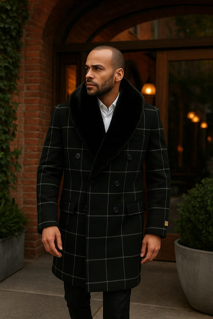 Mens Black Windowpane Wool Overcoat with Faux Fur Shawl Collar – Double-Breasted Long Coat - Image 4