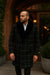 Mens Black Windowpane Wool Overcoat with Faux Fur Shawl Collar – Double-Breasted Long Coat