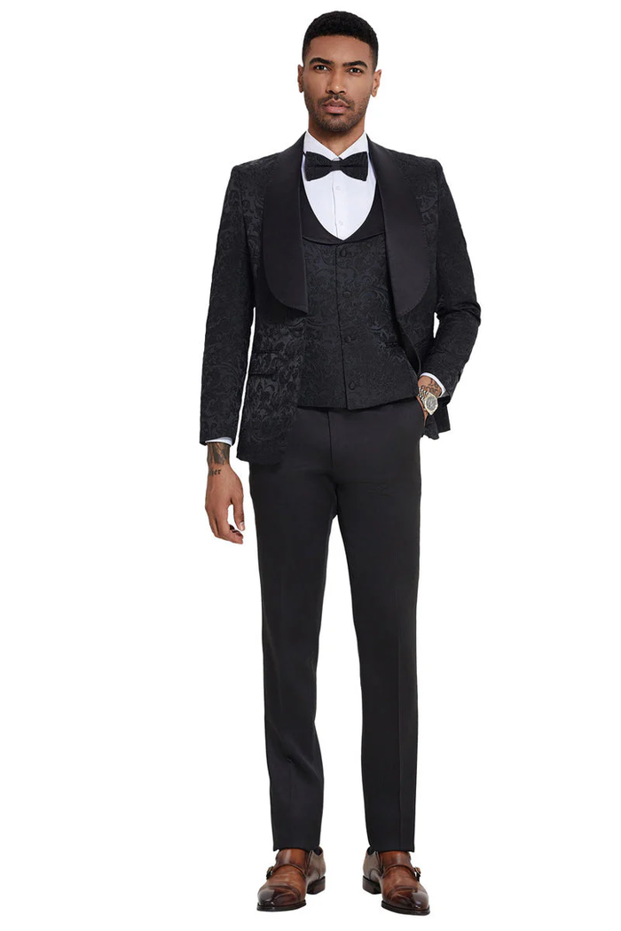 Mens Designer Wedding & Prom Shawl Lapel Vested Paisley Tuxedo in Black