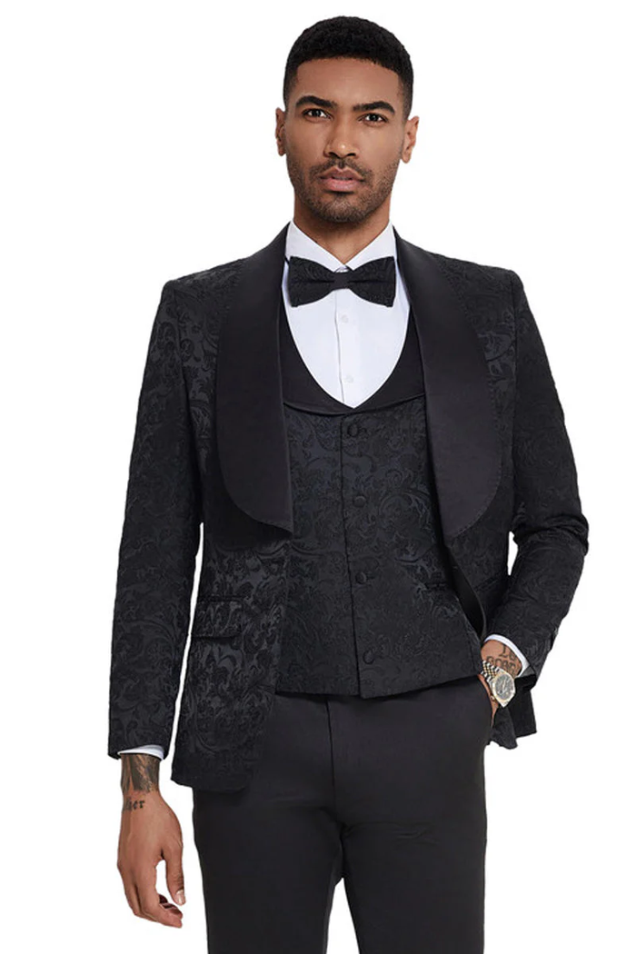 Mens Designer Wedding & Prom Shawl Lapel Vested Paisley Tuxedo in Black - Image 2