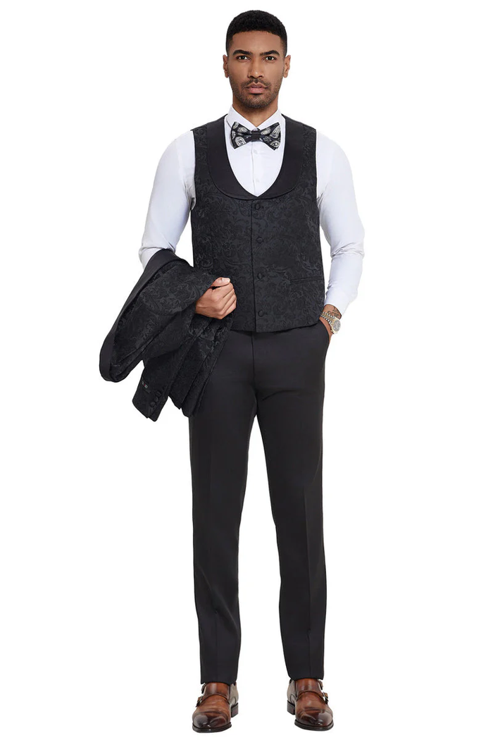 Mens Designer Wedding & Prom Shawl Lapel Vested Paisley Tuxedo in Black - Image 4