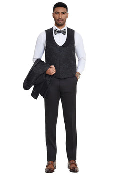 Mens Designer Wedding & Prom Shawl Lapel Vested Paisley Tuxedo in Black - Image 4