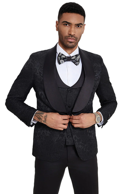 Mens Designer Wedding & Prom Shawl Lapel Vested Paisley Tuxedo in Black - Image 3