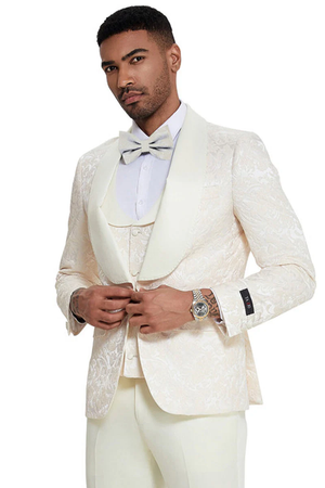 Mens Designer Wedding & Prom Shawl Lapel Vested Paisley Tuxedo in Ivory - Image 2