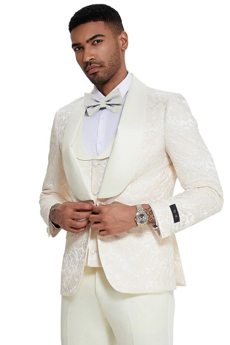 Mens Designer Wedding & Prom Shawl Lapel Vested Paisley Tuxedo in Ivory