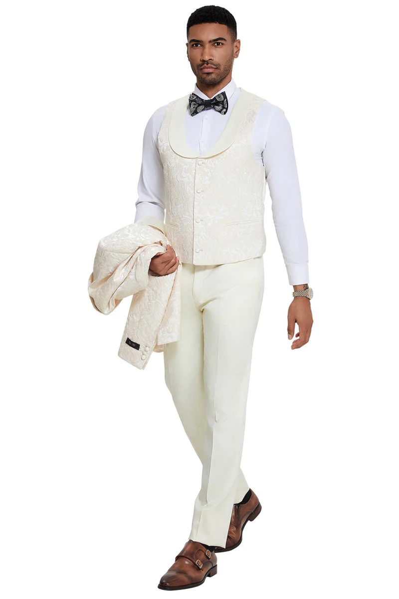 Mens Designer Wedding & Prom Shawl Lapel Vested Paisley Tuxedo in Ivory - Image 3