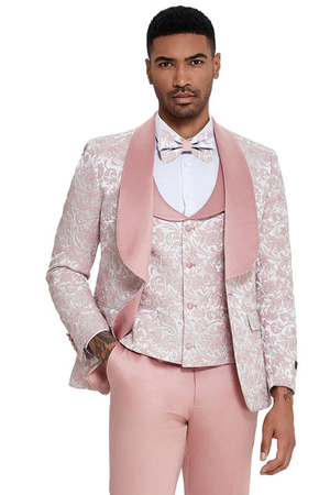 Mens Designer Wedding Prom Shawl Lapel Vested Paisley Tuxedo in Pink - Image 2