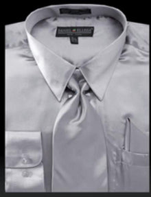 Men's Light Gray Shiny Satin Tie Set Men's Dress Shirt