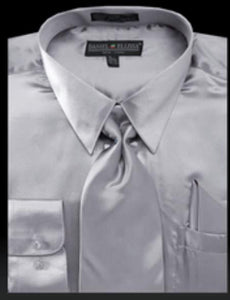 Men's Light Gray Shiny Satin Tie Set Men's Dress Shirt