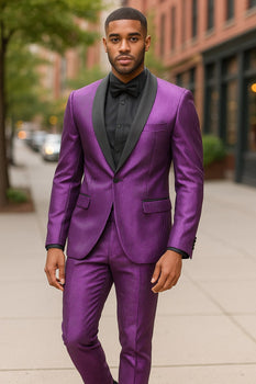 Mens Shiny Purple Tuxedo Jacket with Black Satin Shawl Lapel – Formal Party Blazer for Prom and Weddings
